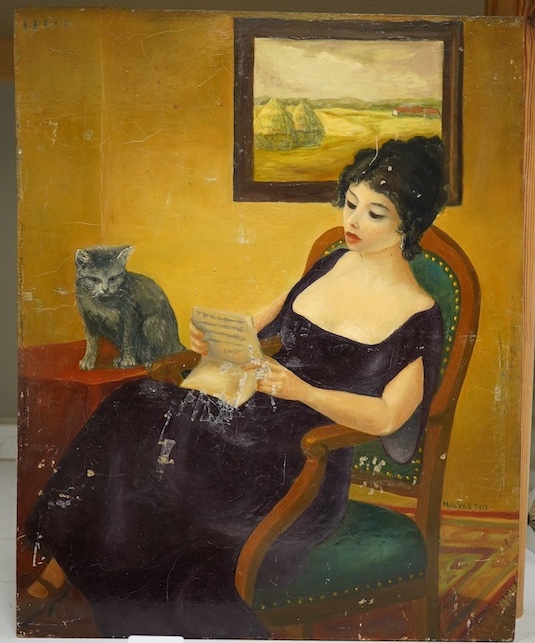 Malvestio, oil on board, Study of a seated woman and cat, signed, 41 x 33cm, unframed. Condition - scuffed